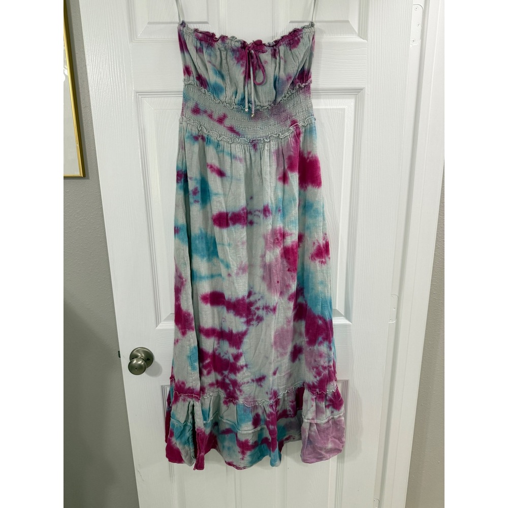 Steele Hum+Bee Sayulita Sunset Strapless Midi Dress Pink Blue Tie Dye Boho - Picture 5 of 9